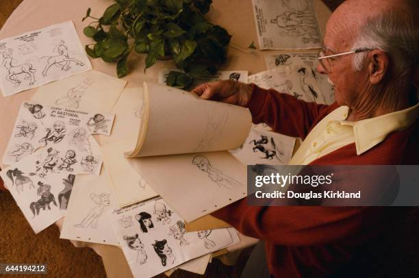 Disney Animator Ollie Johnston Flipping Through His Drawings