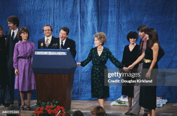 President-elect Ronald Reagan gives a speech after his victory in the 1980 United States presidential election, at the Century Plaza Hotel, Los...