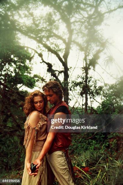 Romancing the Stone promotion shot. The film stars Michael Douglas and Kathleen Turner, who play the respective roles of Jack Colton and romance...