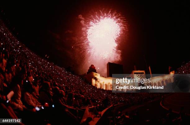 An elaborate fireworks show at the Los Angeles Coliseum during ceremonies for the 1984 Summer Olympics.