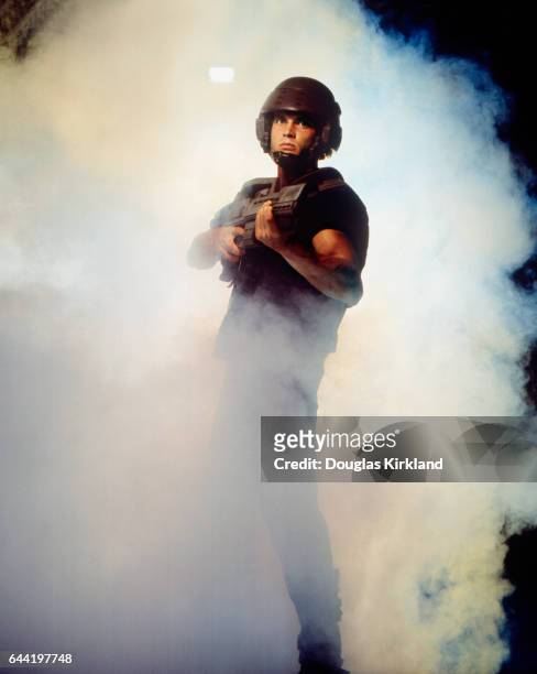 American actor Casper Van Dien, surrounded with smoke, wears his military costume from the 1997 film Starship Troopers. The American film was...