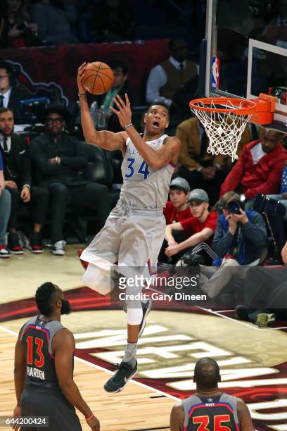 Giannis Antetokounmpo of the Eastern Conference All-Star Team drives to the basket against the Western Conference All-Star Team as part of the 2017...
