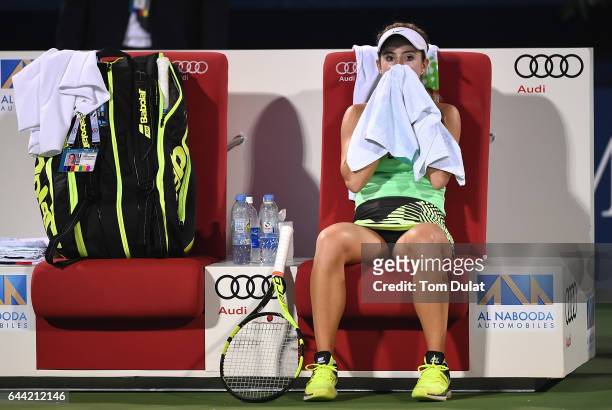 Catherine Bellis of United States looks on during her quarter final match against Caroline Wozniacki of Denmark on day five of the WTA Dubai Duty...