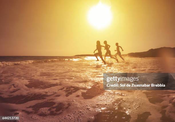 silhouettes running towards the sea on a magical sunset - dawn beach stock pictures, royalty-free photos & images