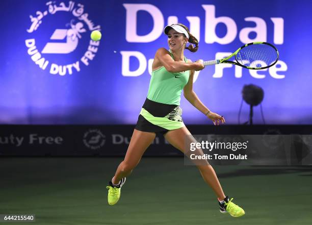 Catherine Bellis of United States plays a forehand during her quarter final match against Caroline Wozniacki of Denmark on day five of the WTA Dubai...