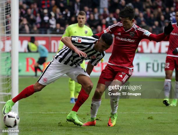 Aymen Barkok of Frankfurt and Alfredo Morales of Ingolstadt battle for the ball during the Bundesliga match between Eintracht Frankfurt and FC...