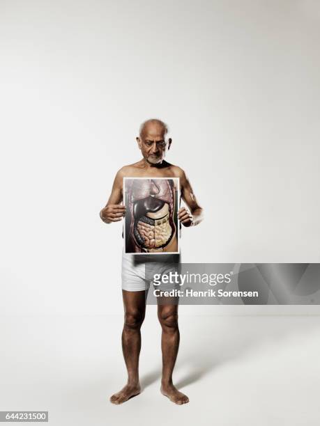old man holding up a picture of a anatomical model - men underware model stock pictures, royalty-free photos & images
