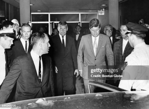 President John F. Kennedy, center, leaves Children's Hospital in Boston after visiting his son on Aug. 7, 1963. His third son, Patrick Bouvier...