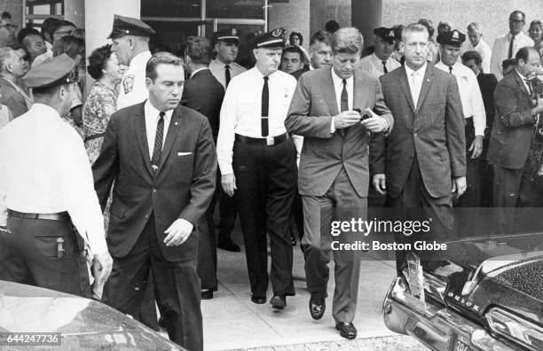 President John F. Kennedy leaves Children's Hospital in Boston on Aug. 8, 1963. His third son, Patrick Bouvier Kennedy, was born in Falmouth, Mass.,...