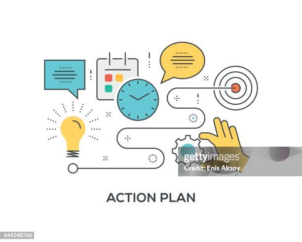 ilustraciones, imágenes clip art, dibujos animados e iconos de stock de concepto de plan de acción con iconos - strategy