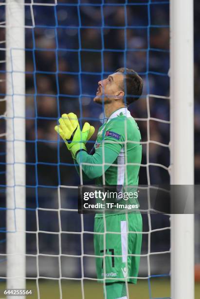 Torwart Panagiotis Glykos of PAOK gestures during the UEFA Europa League Round of 32 second leg match between FC Schalke 04 and PAOK Saloniki at...