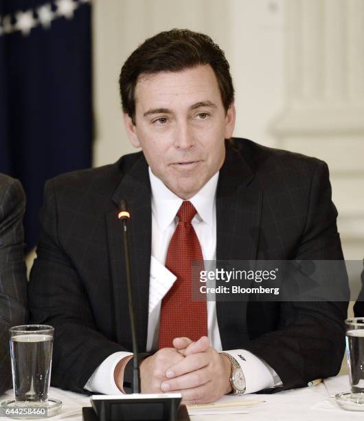 Mark Fields, president and chief executive officer of Ford Motor Co., speaks during a meeting with U.S. President Donald Trump, not pictured, and...