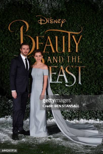 British actor Dan Stevens Dan Stevens and British actress Emma Watson pose upon arrival at the UK launch of the film "Beauty and the Beast" in London...