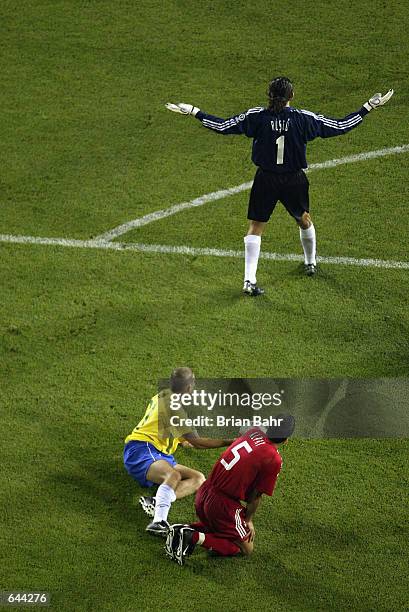 Rustu Receber of Turkey appeals as Brazil are awarded a penalty during the Group C match of the World Cup Group Stage played at the Ulsan-Munsu World...