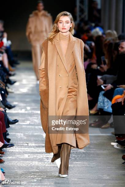 Model walks the runway at the Max Mara show during Milan Fashion Week Fall/Winter 2017/18 on February 23, 2017 in Milan, Italy.