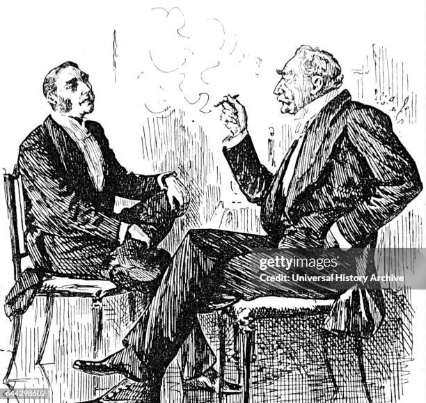 Engraving depicting two gentlemen smoking a cigar and talking after dinner. Dated 19th Century.