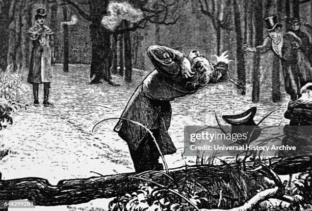 Illustration depicting a duellist wounding his opponent in the ear. Illustrated by Marcus Stone an English painter and illustrator. Dated 19th...