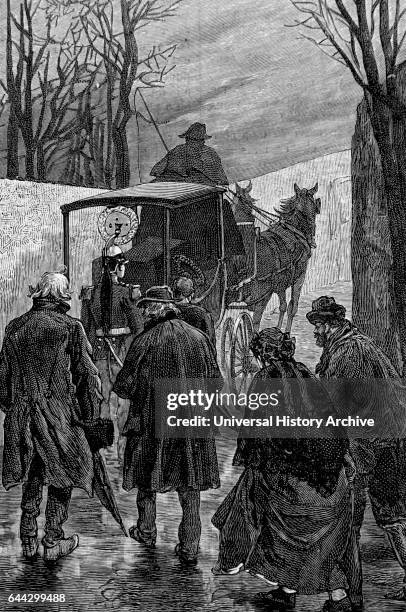 Illustration depicting mourners following a hearse, through the streets of Paris. Dated 19th Century.
