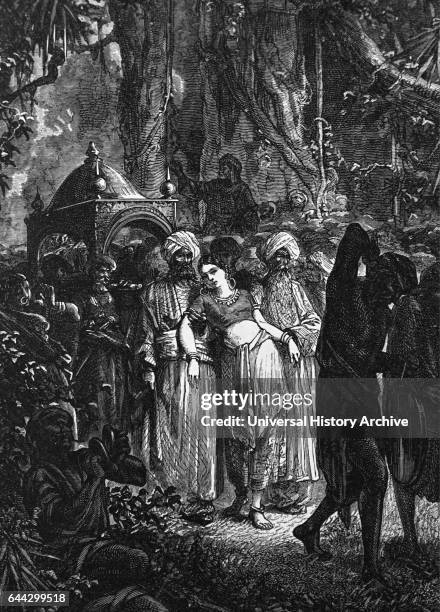 Illustration depicting the widow of a Brahmin being led to commit suttee on her husband's funeral pyre. Dated 19th Century.