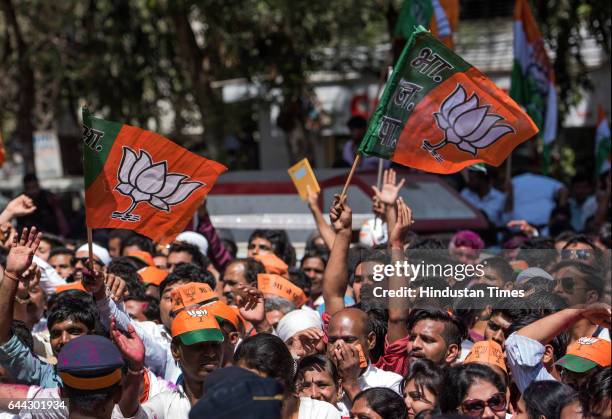 And Shiv Sena supporters at Gundavali Municipal School, Andheri as vote counting is in progress on February 23, 2017 in Mumbai, India. The BJP has...