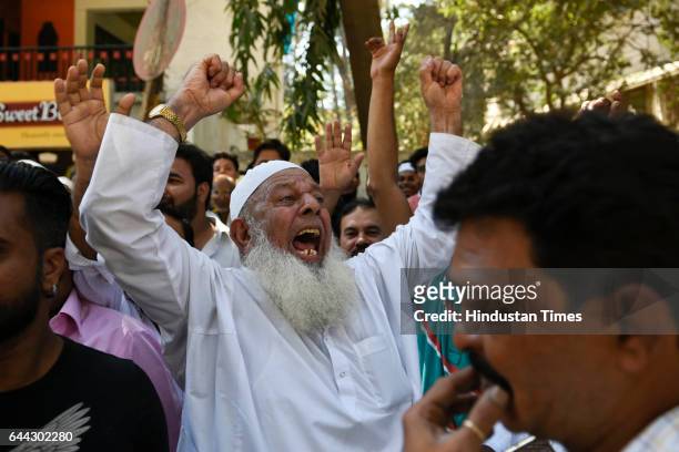 Excited senior citizen shouting outside Andheri Sports Club on February 23, 2017 in Mumbai, India. The BJP has won 82 of the councils 227 seats and...