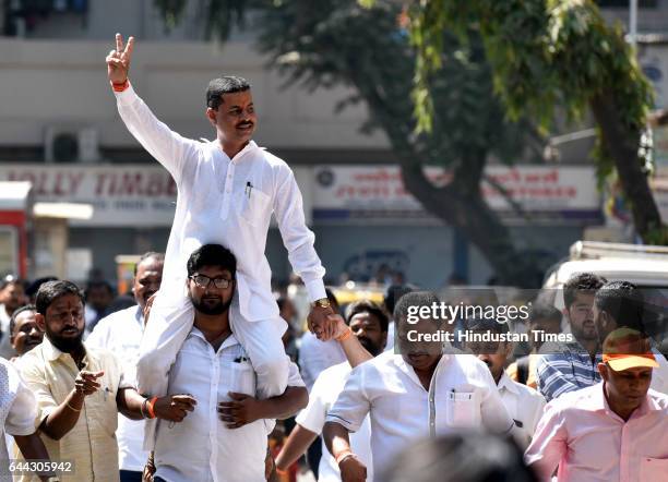 Ward Number 186 Shiv Sena candidate Vasant Nakashe celebrates after winning at Dadar on February 23, 2017 in Mumbai, India. The BJP has won 82 of the...