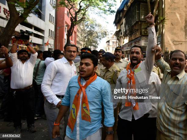 And Shiv Sena supporters clash outside BJP office at Dadar on February 23, 2017 in Mumbai, India. The BJP has won 82 of the councils 227 seats and...