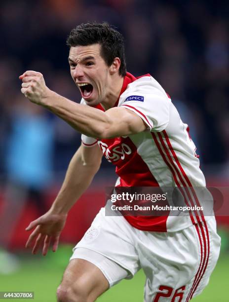 Nick Viergever of Ajax celebrates scoring his sides first goal during the UEFA Europa League Round of 32 second leg match between Ajax Amsterdam and...