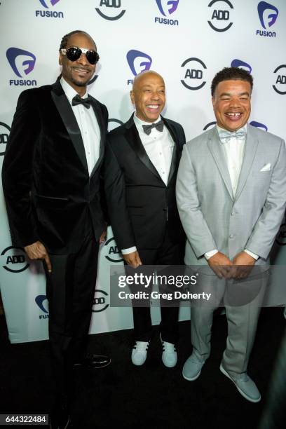 Rapper Snoop Dogg, Entrepreneur Russell Simmons and Actor Red Grant attend the 2nd Annual All Def Movie Awards at Belasco Theatre on February 22,...