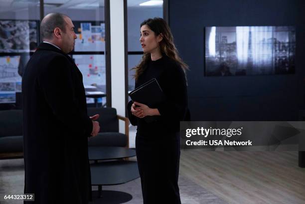 Character and Fitness" Episode 616 -- Pictured: Rick Hoffman as Louis Litt, Carly Pope as Tara Messer --