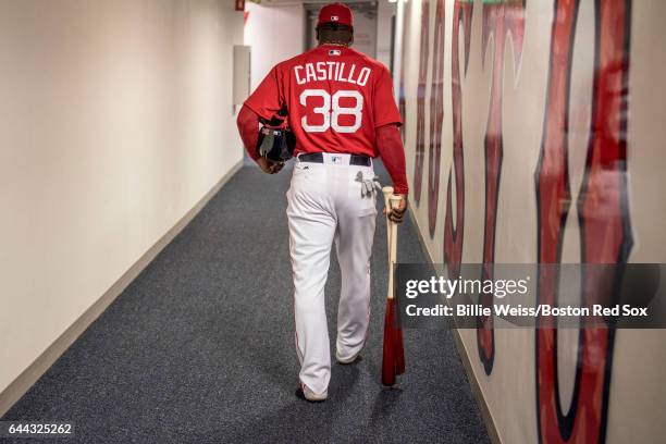 Rusney Castillo of the Boston Red Sox walks through the tunnel during a game against Northeastern University on February 23, 2017 at Fenway South in...