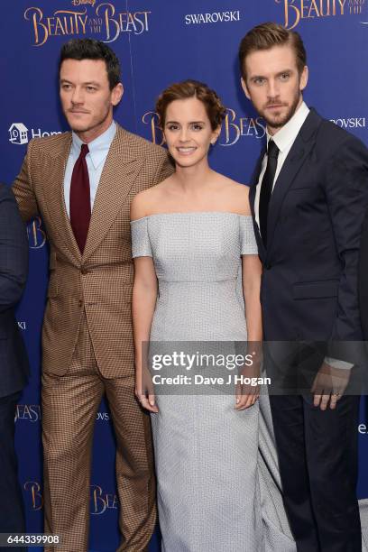 Luke Evans, Emma Watson and Dan Stevens attend the UK Launch Event of "Beauty And The Beast" at Odeon Leicester Square on February 23, 2017 in...