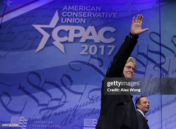 White House Chief of Staff Reince Priebus and White House Chief Strategist Steve Bannon leave after a conversation during the Conservative Political...