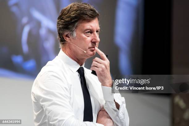 AccorHotels CEO Sebastien Bazin announces its 2016 annual results during a press conference on February 22, 2017 in Issy Les Moulineaux, France....