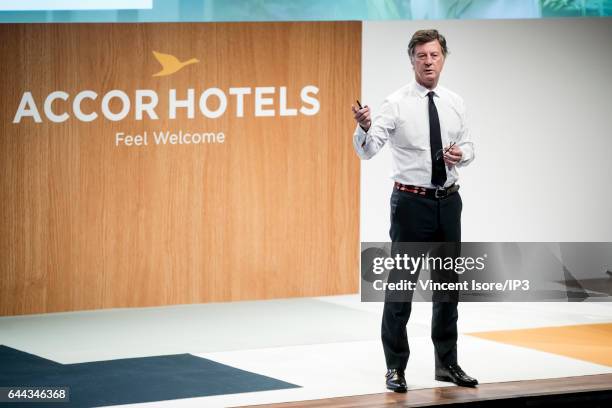 AccorHotels CEO Sebastien Bazin announces its 2016 annual results during a press conference on February 22, 2017 in Issy Les Moulineaux, France....