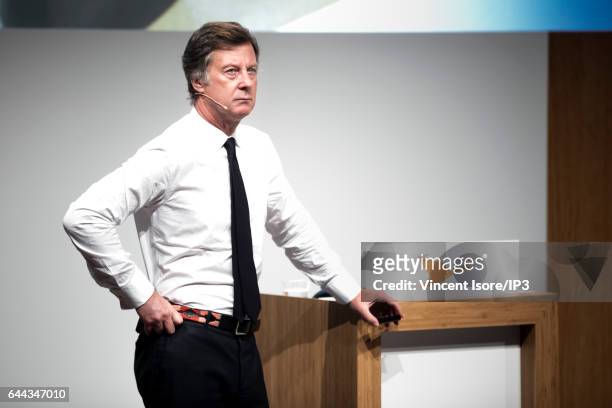 AccorHotels CEO Sebastien Bazin announces its 2016 annual results during a press conference on February 22, 2017 in Issy Les Moulineaux, France....