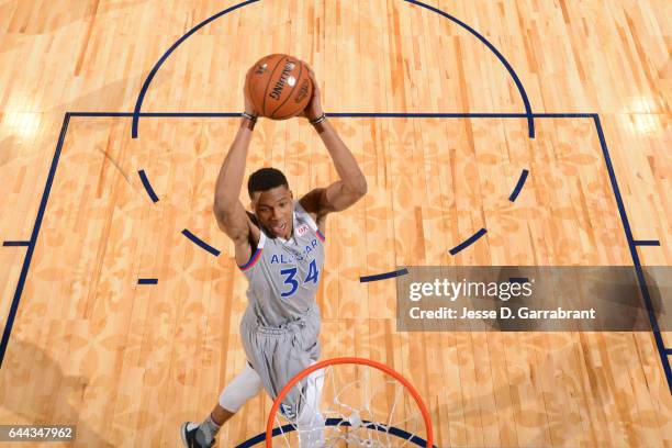 Giannis Antetokounmpo of the Eastern Conference All-Star Team drives to the basket against the Western Conference All-Star Team during the NBA...