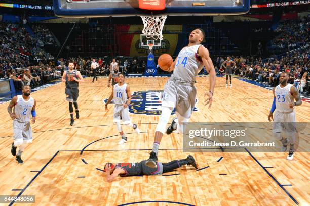 Giannis Antetokounmpo of the Eastern Conference All-Star Team drives to the basket against the Western Conference All-Star Team during the NBA...