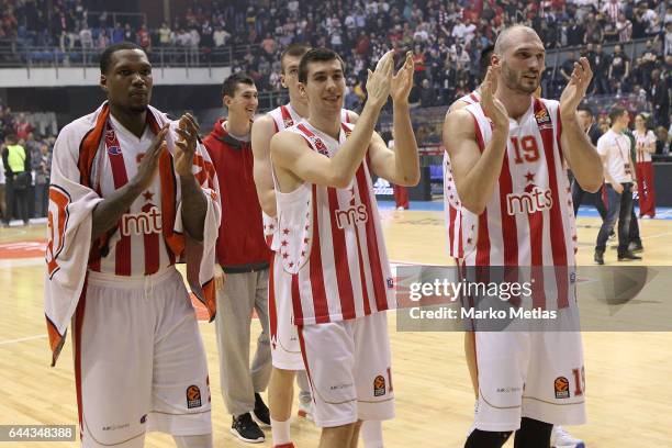 Deon Thompson, #2, Ognjen Dobric, #13, Marko Simonovic, #19 of Crvena Zvezda mts Belgrade celebrate during the 2016/2017 Turkish Airlines EuroLeague...