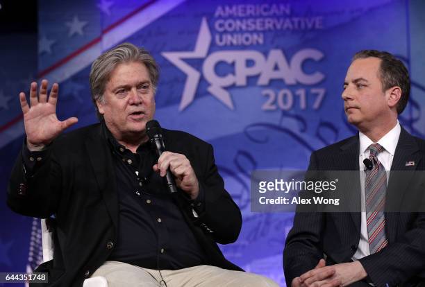 White House Chief of Staff Reince Priebus and White House Chief Strategist Steve Bannon participate in a conversation during the Conservative...