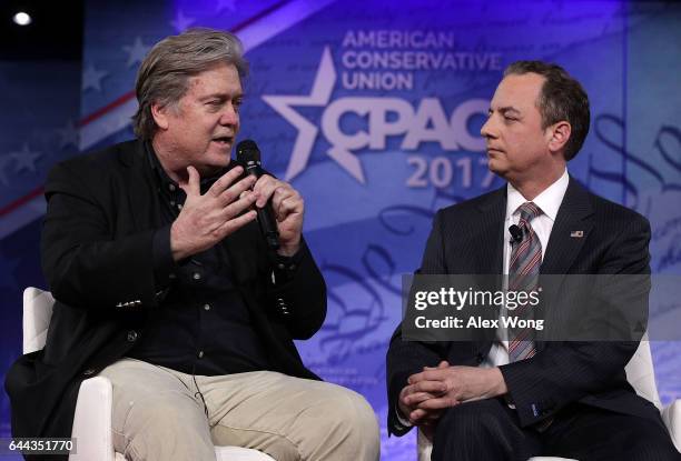 White House Chief of Staff Reince Priebus and White House Chief Strategist Steve Bannon participate in a conversation during the Conservative...