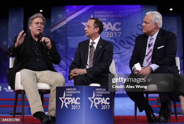 White House Chief of Staff Reince Priebus , White House Chief Strategist Steve Bannon and American Conservative Union Chairman Matt Schlapp...