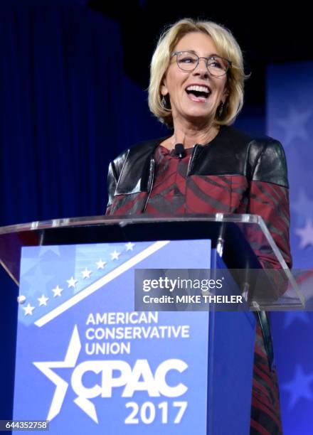 Education Secretary Betsy DeVos makes remarks to the Conservative Political Action Conference at National Harbor, Maryland, February 23, 2017. / AFP...