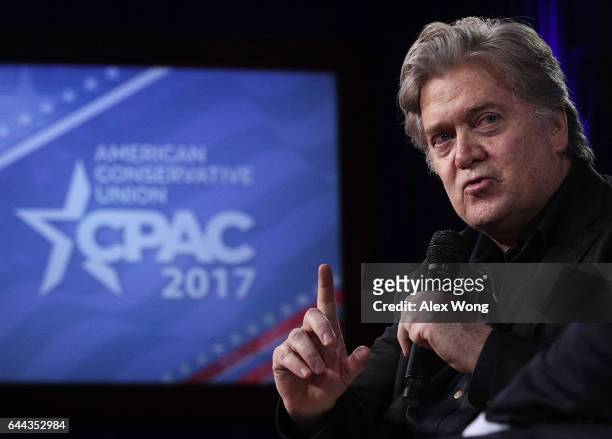 White House Chief Strategist Steve Bannon participates in a conversation during the Conservative Political Action Conference at the Gaylord National...