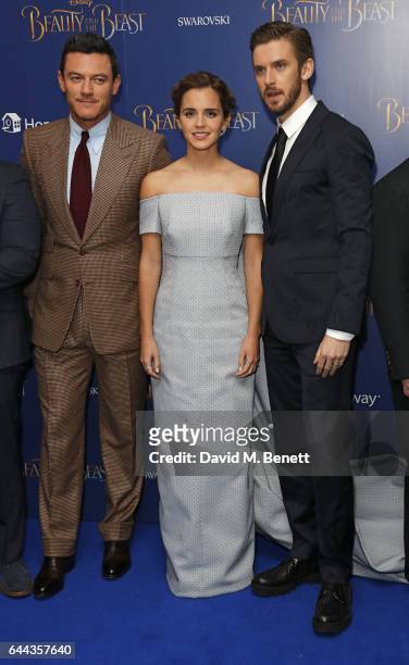 Luke Evans, Emma Watson and Dan Stevens attend the UK Premiere of "Beauty And The Beast" at Odeon Leicester Square on February 23, 2017 in London,...