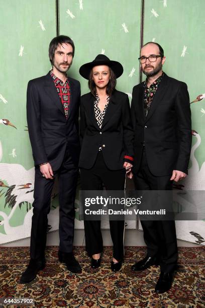 Francesco Bianconi, Rachele Bastreghi and Claudio Brasini of 'Baustelle' attend Gucci Eyewear Cocktail Party during Milan Fashion Week Fall/Winter...