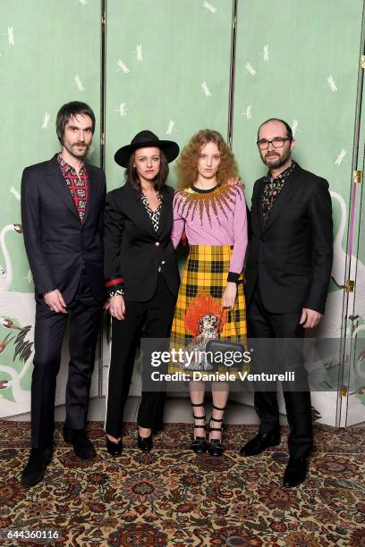Francesco Bianconi, Rachele Bastreghi and Claudio Brasini of 'Baustelle' and Petra Collins attend Gucci Eyewear Cocktail Party during Milan Fashion...