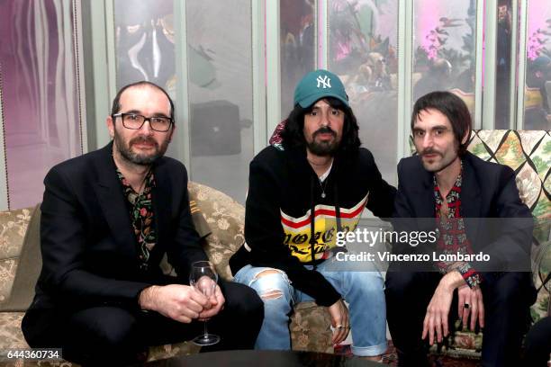 Francesco Bianconi and Claudio Brasini of 'Baustelle' with Alessandro Michele attend Gucci Eyewear Cocktail Party during Milan Fashion Week...