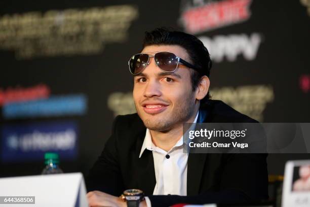 Julio Cesar Chavez Jr speaks during a press conference to promote the fight between Canelo Alvarez and Julio Cesar Chavez Jr at Minute Maid Park on...