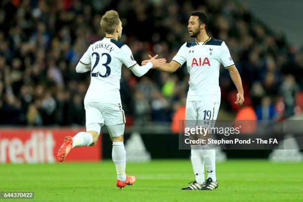Christian Eriksen of Tottenham Hotspur celebrates scoring his sides first goal with Mousa Dembele of Tottenham Hotspur during the UEFA Europa League...